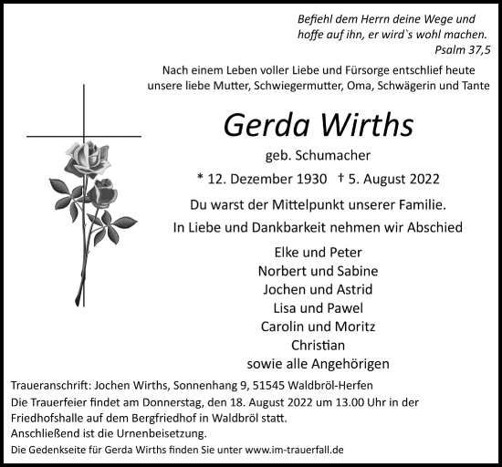 Anzeige von Gerda Wirths von  Lokalanzeiger 