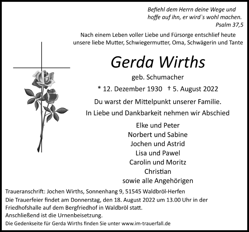  Traueranzeige für Gerda Wirths vom 12.08.2022 aus  Lokalanzeiger 