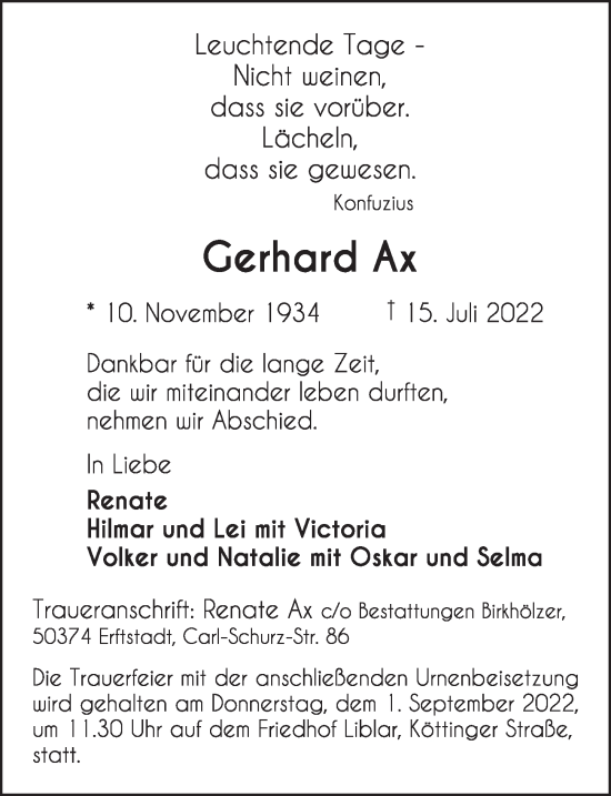 Anzeige von Gerhard Ax von  Werbepost 