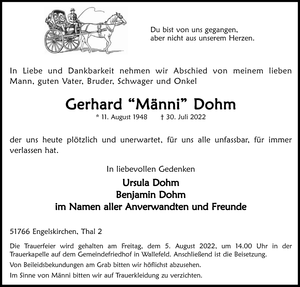  Traueranzeige für Gerhard Dohm vom 02.08.2022 aus Kölner Stadt-Anzeiger / Kölnische Rundschau / Express