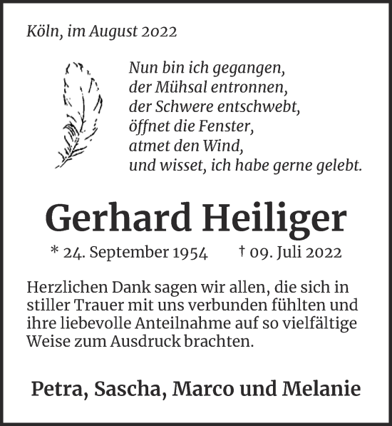 Anzeige von Gerhard Heiliger von  EXPRESS - Die Woche 