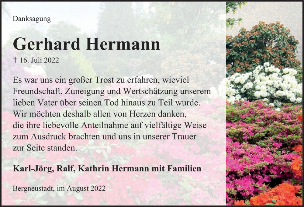  Traueranzeige für Gerhard Hermann vom 19.08.2022 aus  Anzeigen Echo 