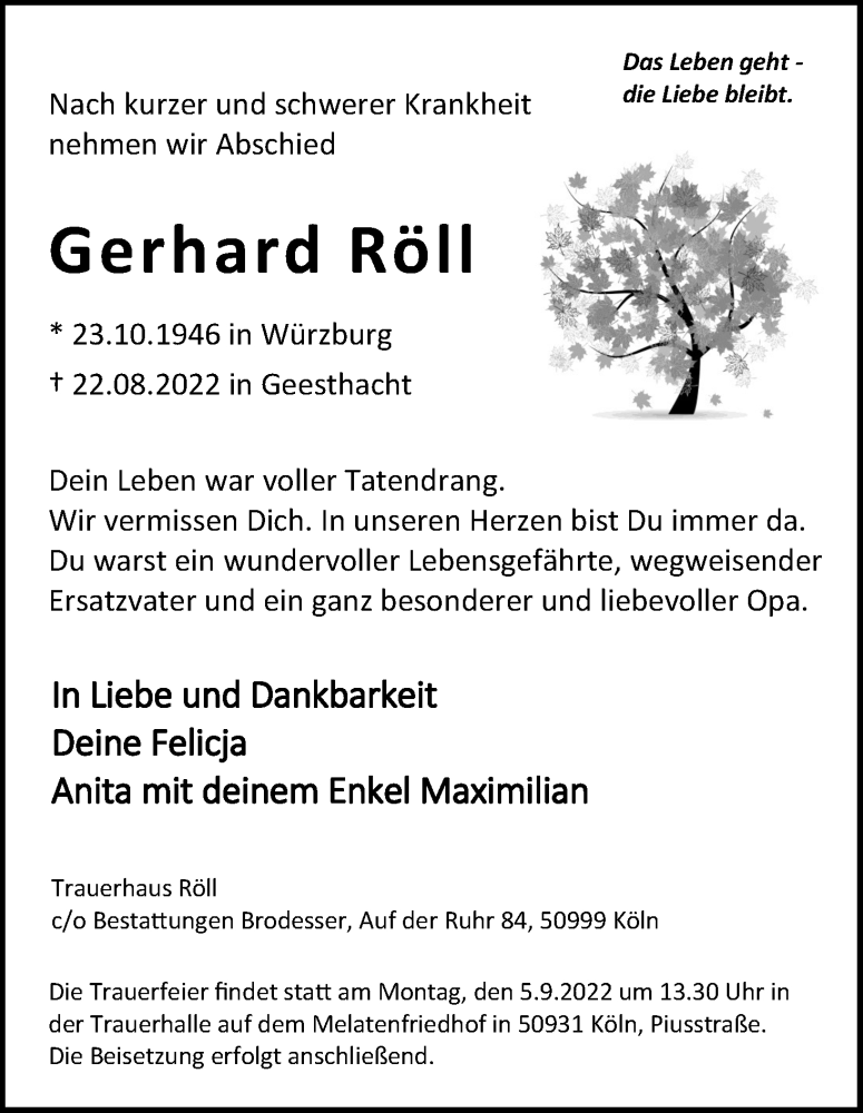  Traueranzeige für Gerhard Röll vom 31.08.2022 aus Kölner Stadt-Anzeiger / Kölnische Rundschau / Express