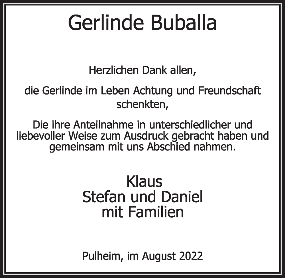  Traueranzeige für Gerlinde Buballa vom 12.08.2022 aus  Wochenende 