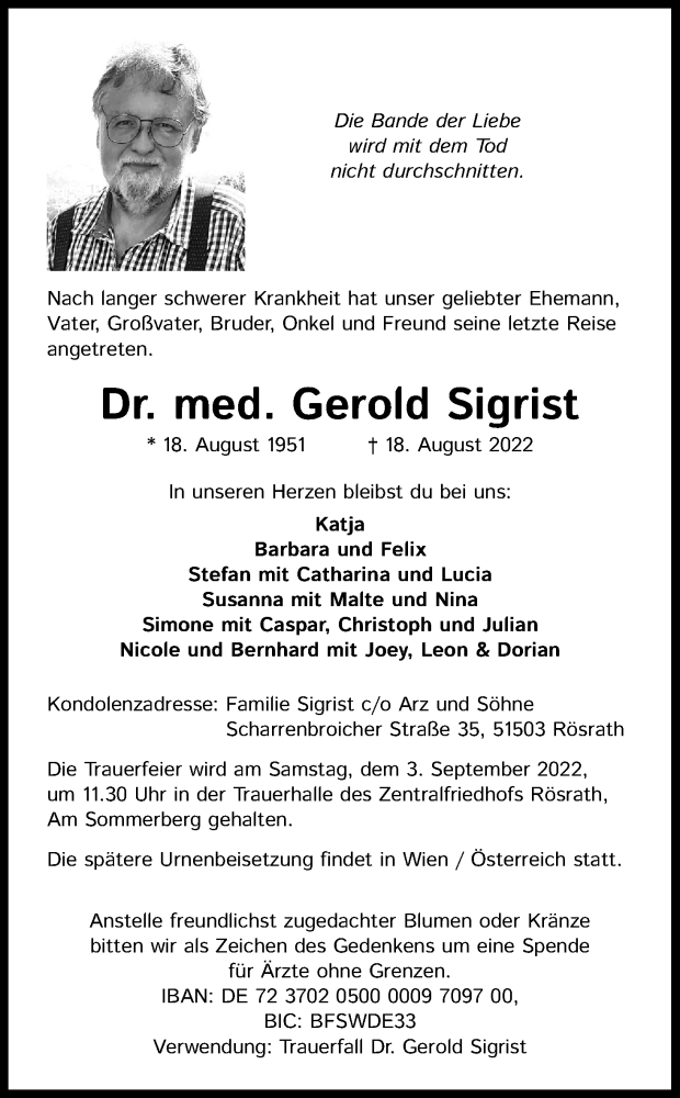  Traueranzeige für Gerold Sigrist vom 27.08.2022 aus Kölner Stadt-Anzeiger / Kölnische Rundschau / Express