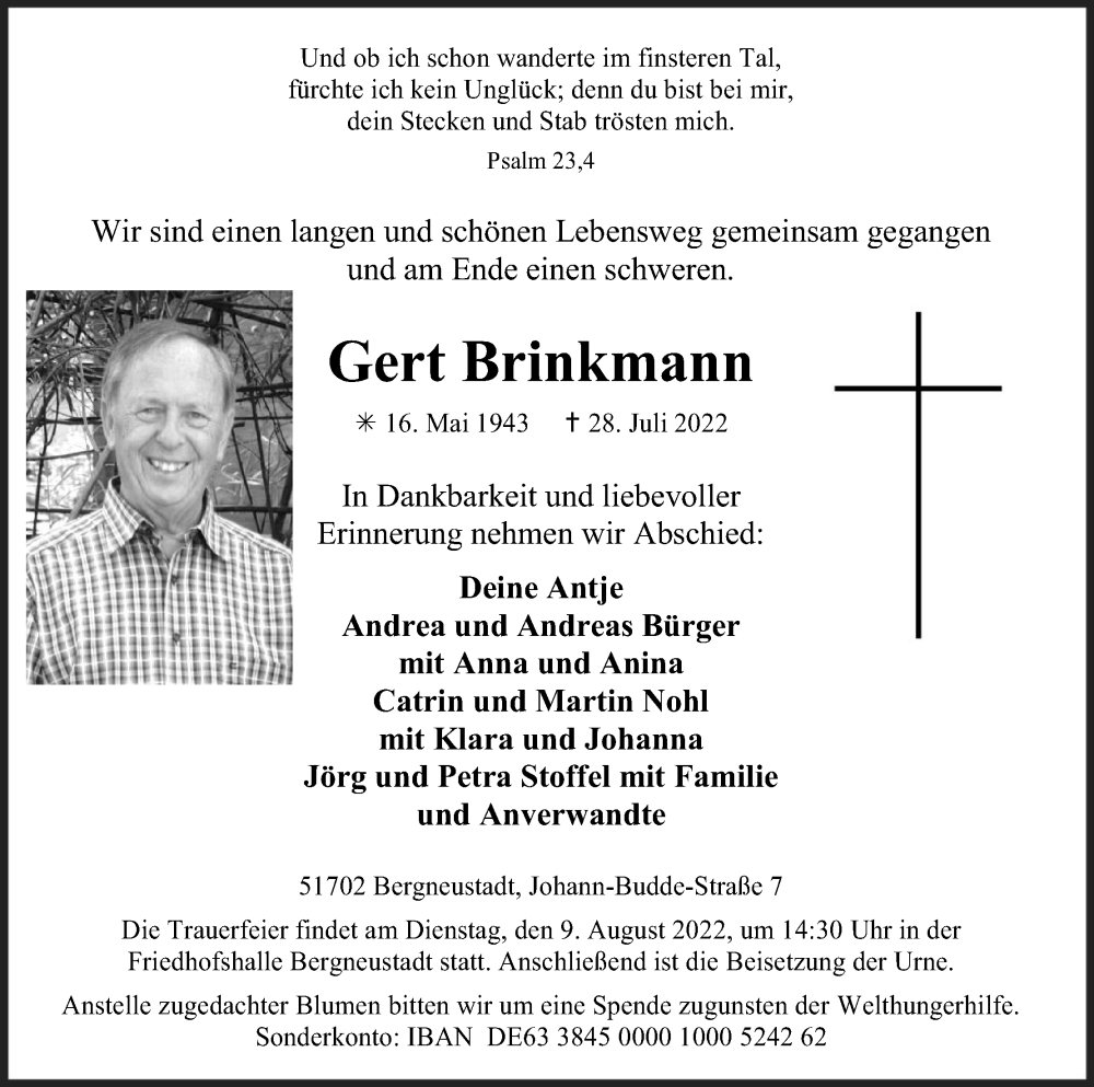  Traueranzeige für Gert Brinkmann vom 06.08.2022 aus Kölner Stadt-Anzeiger / Kölnische Rundschau / Express