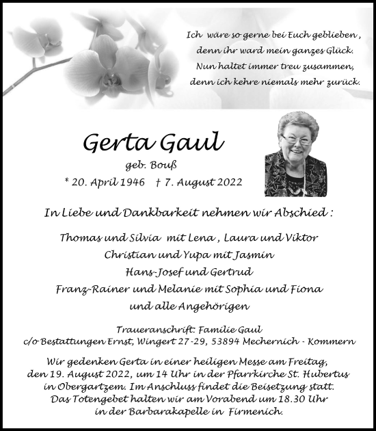 Anzeige von Gerta Gaul von  Blickpunkt Euskirchen 