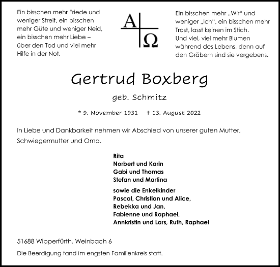 Anzeige von Gertrud Boxberg von Kölner Stadt-Anzeiger / Kölnische Rundschau / Express