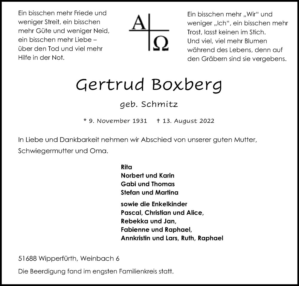  Traueranzeige für Gertrud Boxberg vom 27.08.2022 aus Kölner Stadt-Anzeiger / Kölnische Rundschau / Express