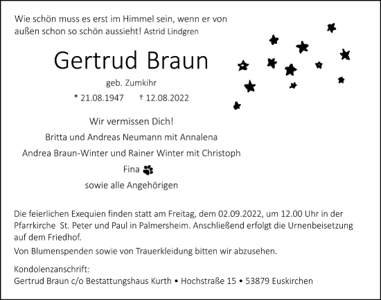 Anzeige von Gertrud Braun von  Blickpunkt Euskirchen 