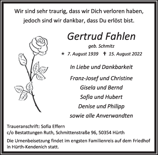 Anzeige von Gertrud Fahlen von  Wochenende 
