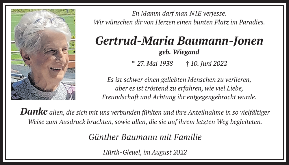  Traueranzeige für Gertrud-Maria Baumann-Jonen vom 05.08.2022 aus  Wochenende 
