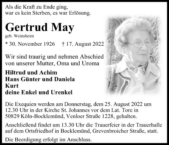 Anzeige von Gertrud May von Kölner Stadt-Anzeiger / Kölnische Rundschau / Express