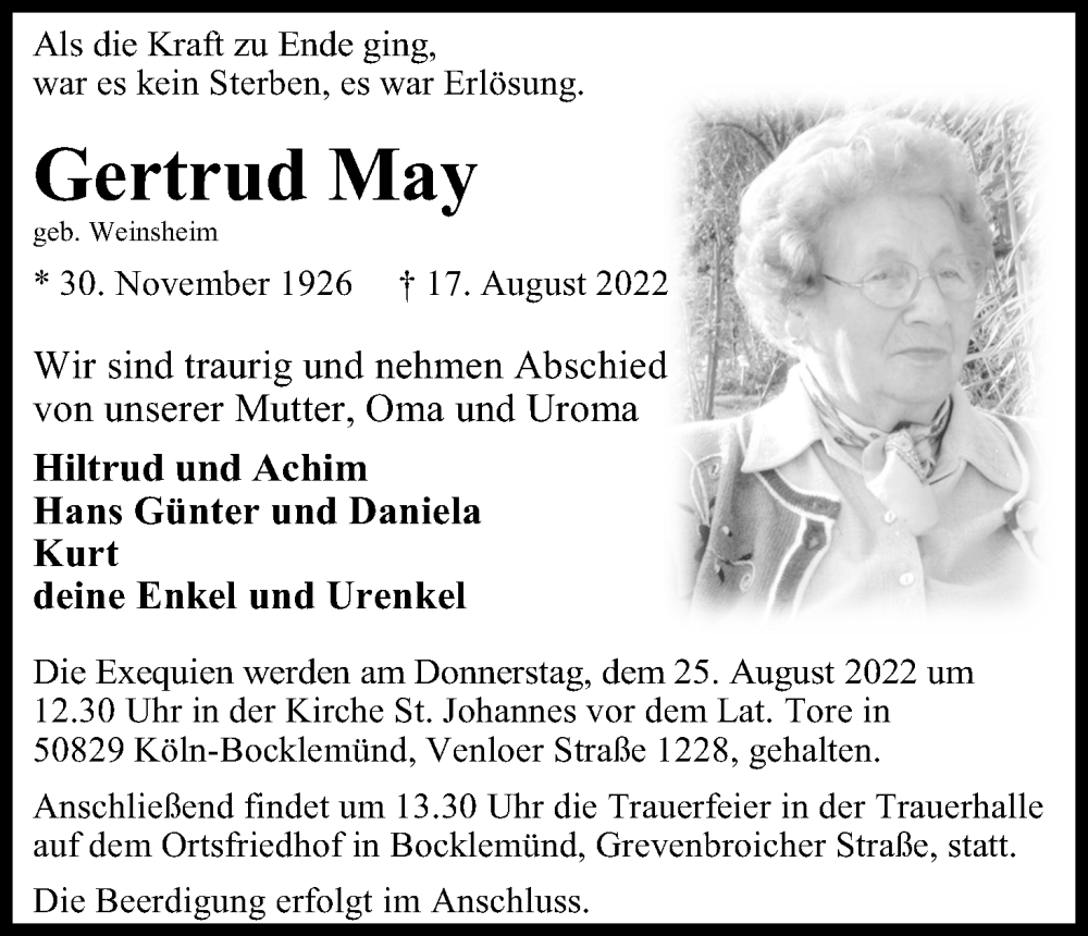  Traueranzeige für Gertrud May vom 20.08.2022 aus Kölner Stadt-Anzeiger / Kölnische Rundschau / Express