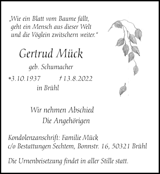 Anzeige von Gertrud Mück von  Schlossbote/Werbekurier 