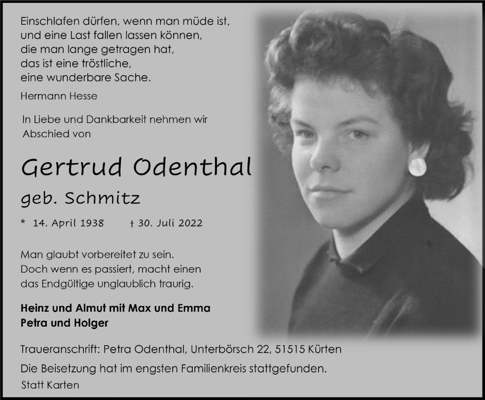  Traueranzeige für Gertrud Odenthal vom 05.08.2022 aus  Bergisches Handelsblatt 