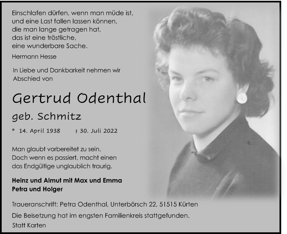  Traueranzeige für Gertrud Odenthal vom 06.08.2022 aus Kölner Stadt-Anzeiger / Kölnische Rundschau / Express
