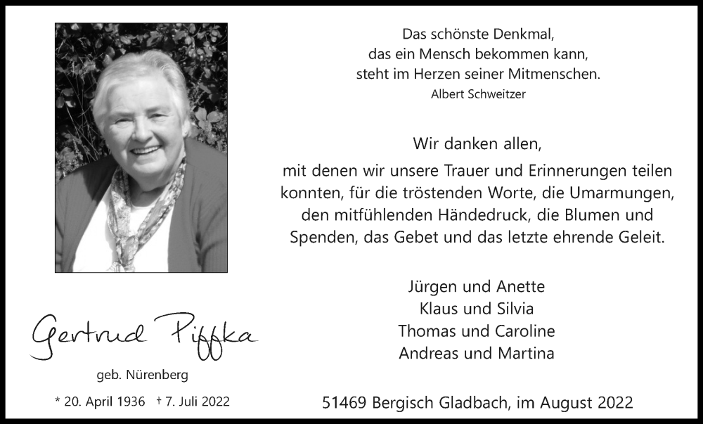  Traueranzeige für Gertrud Piffka vom 13.08.2022 aus Kölner Stadt-Anzeiger / Kölnische Rundschau / Express
