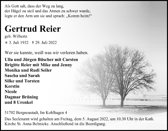 Anzeige von Gertrud Reier von Kölner Stadt-Anzeiger / Kölnische Rundschau / Express