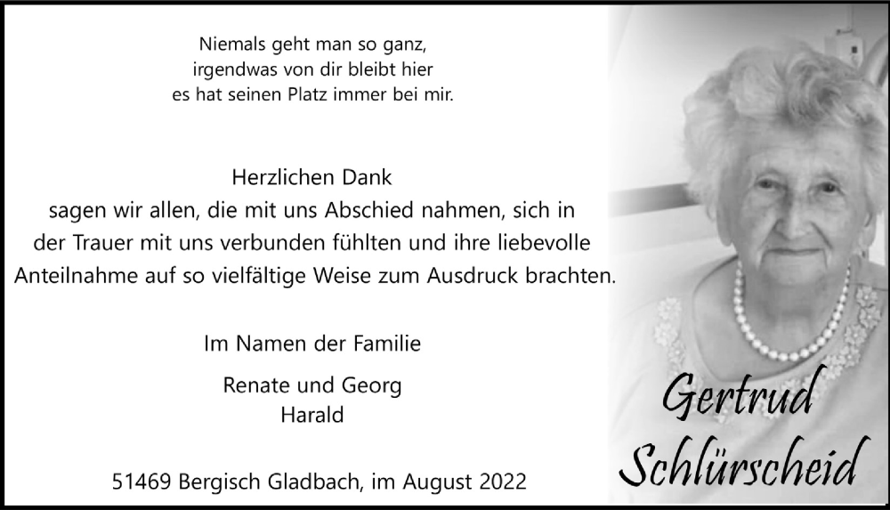  Traueranzeige für Gertrud Schlürscheid vom 12.08.2022 aus  Bergisches Handelsblatt 