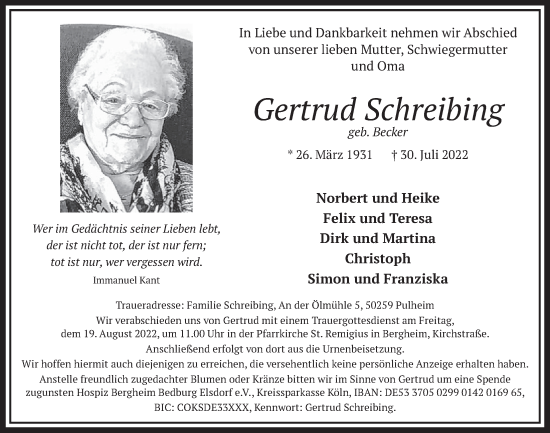Anzeige von Gertrud Schreibing von  Werbepost 