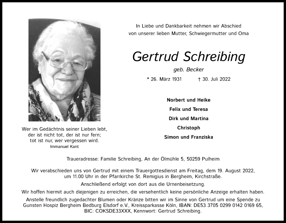  Traueranzeige für Gertrud Schreibing vom 13.08.2022 aus Kölner Stadt-Anzeiger / Kölnische Rundschau / Express
