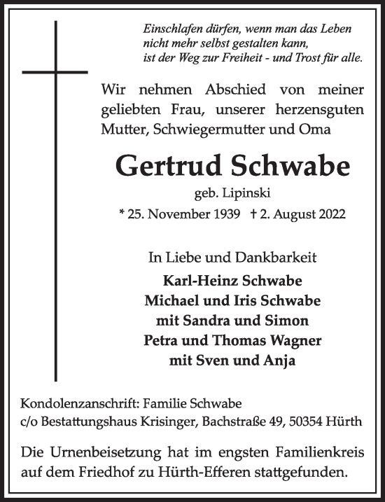 Anzeige von Gertrud Schwabe von  Wochenende 