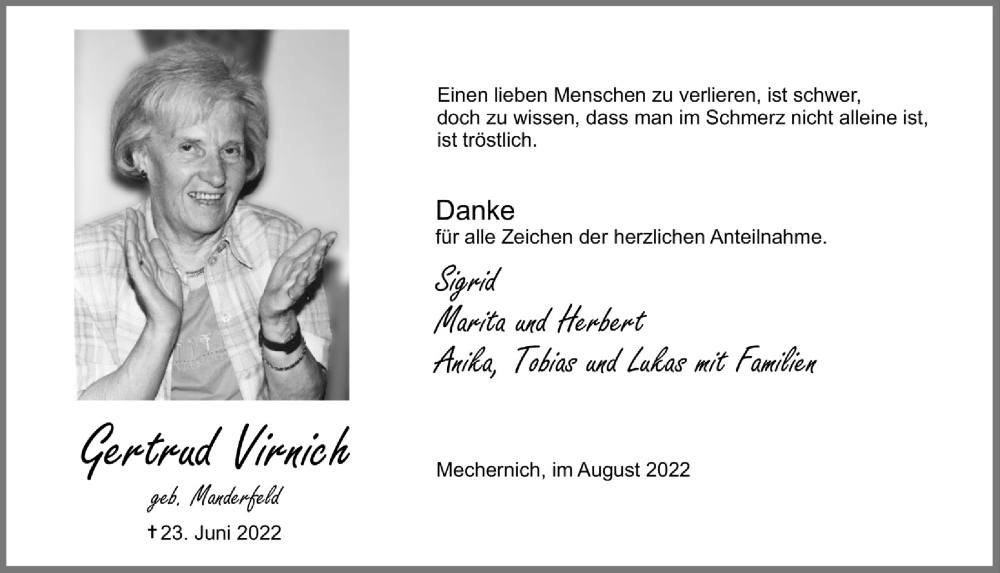  Traueranzeige für Gertrud Virnich vom 06.08.2022 aus  Blickpunkt Euskirchen 