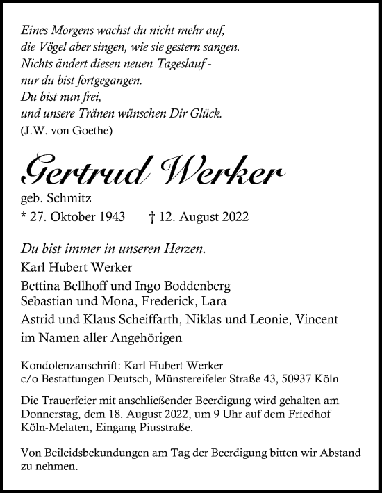 Anzeige von Gertrud Werker von Kölner Stadt-Anzeiger / Kölnische Rundschau / Express