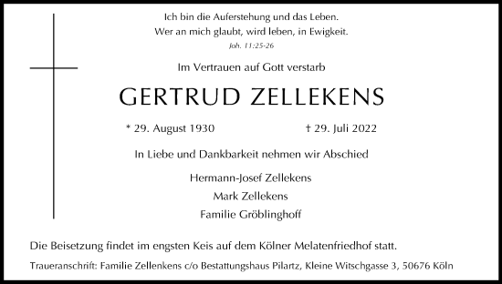 Anzeige von Gertrud Zellekens von Kölner Stadt-Anzeiger / Kölnische Rundschau / Express