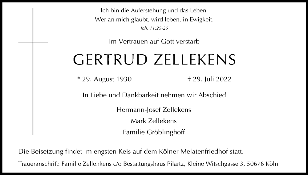  Traueranzeige für Gertrud Zellekens vom 06.08.2022 aus Kölner Stadt-Anzeiger / Kölnische Rundschau / Express