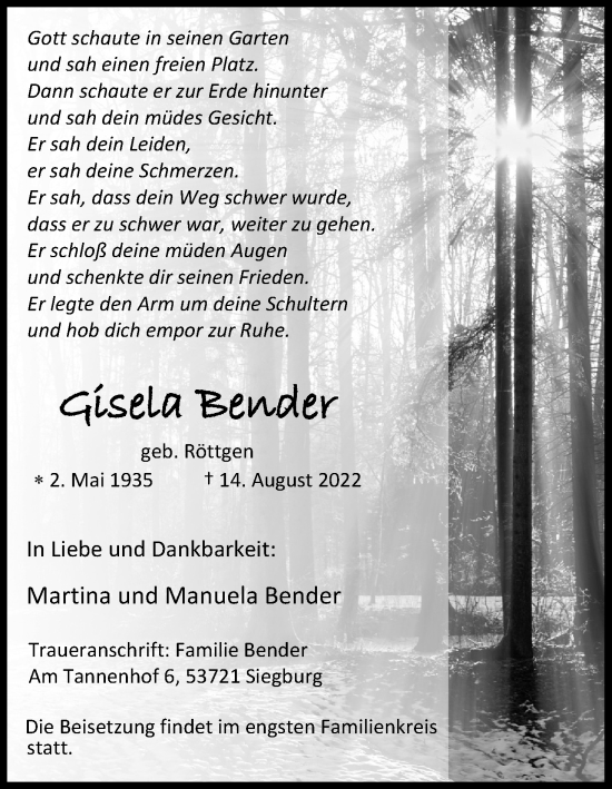 Anzeige von Gisela Bender von Kölner Stadt-Anzeiger / Kölnische Rundschau / Express