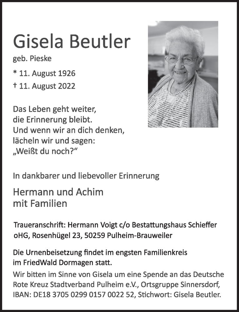  Traueranzeige für Gisela Beutler vom 19.08.2022 aus  Wochenende 