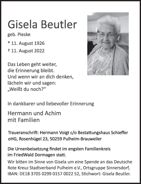 Anzeige von Gisela Beutler von  Wochenende 