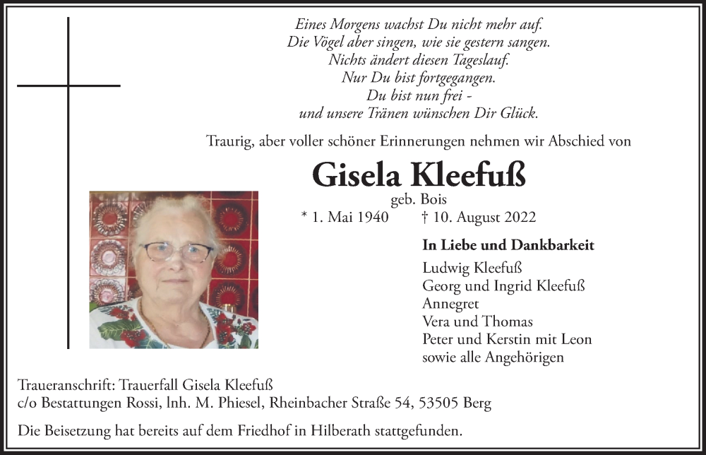  Traueranzeige für Gisela Kleefuß vom 19.08.2022 aus  Schaufenster/Blickpunkt 