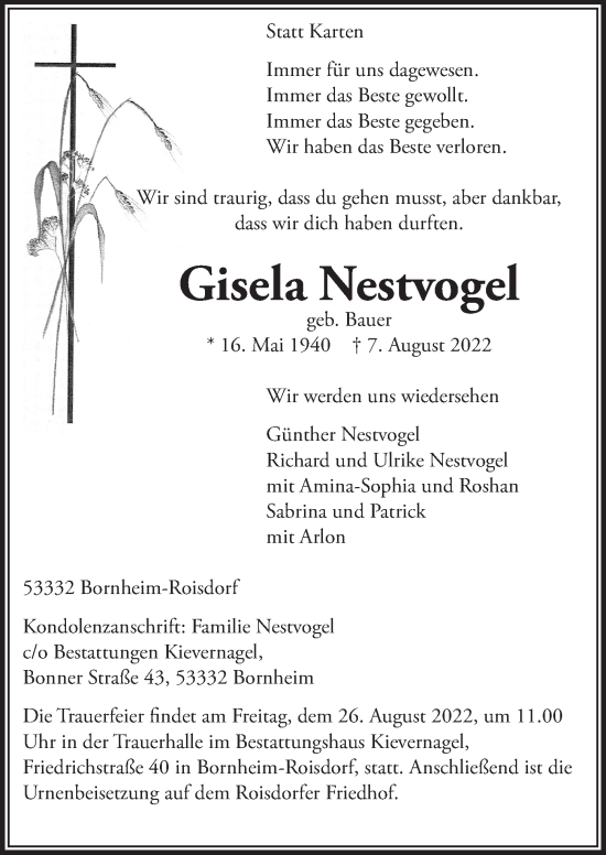 Anzeige von Gisela Nestvogel von  Schaufenster/Blickpunkt 