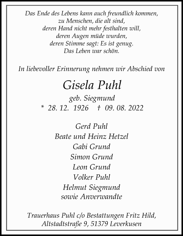 Traueranzeige für Gisela Puhl vom 20.08.2022 aus Kölner Stadt-Anzeiger / Kölnische Rundschau / Express