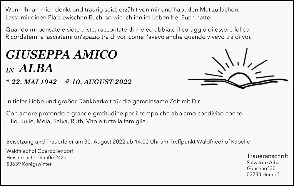  Traueranzeige für Giuseppa Amico  vom 20.08.2022 aus Kölner Stadt-Anzeiger / Kölnische Rundschau / Express