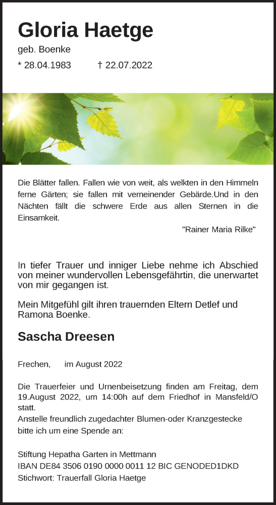 Anzeige von Gloria Haetge von Kölner Stadt-Anzeiger / Kölnische Rundschau / Express