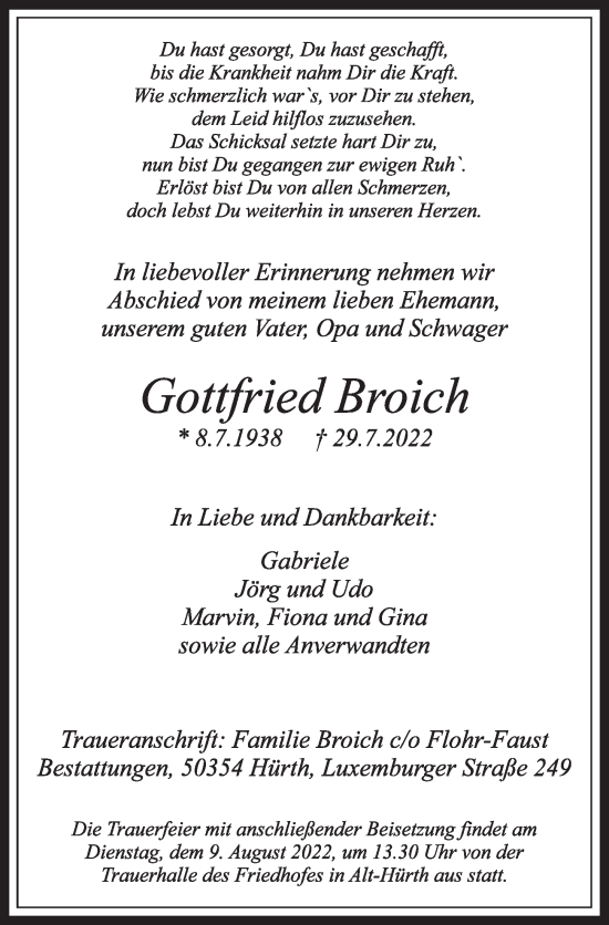 Anzeige von Gottfried Broich von  Wochenende 