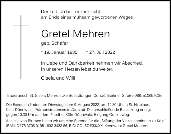 Anzeige von Gretel Mehren von Kölner Stadt-Anzeiger / Kölnische Rundschau / Express