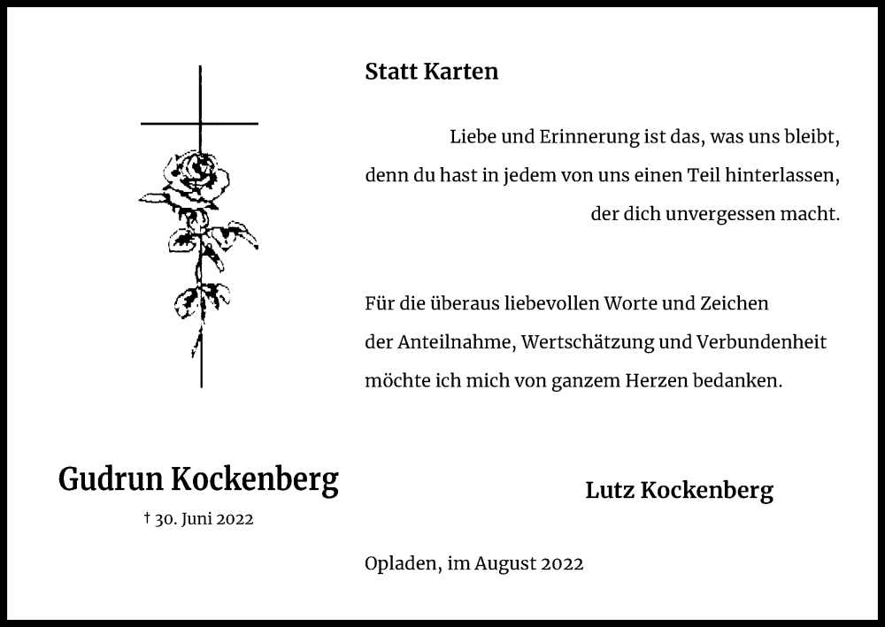  Traueranzeige für Gudrun Kockenberg vom 06.08.2022 aus Kölner Stadt-Anzeiger / Kölnische Rundschau / Express