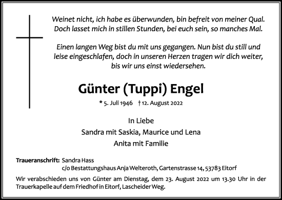 Anzeige von Günter Engel von Kölner Stadt-Anzeiger / Kölnische Rundschau / Express