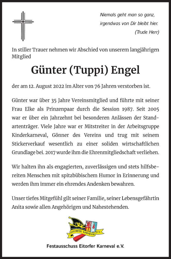  Traueranzeige für Günter Engel vom 27.08.2022 aus Kölner Stadt-Anzeiger / Kölnische Rundschau / Express