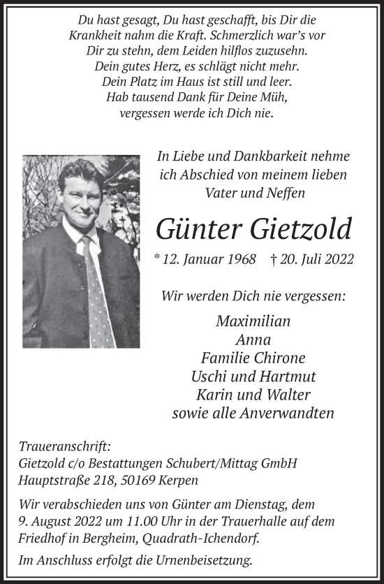 Anzeige von Günter Gietzold von  Werbepost 