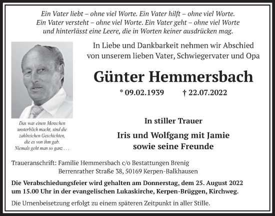 Anzeige von Günter Hemmersbach von  Werbepost 