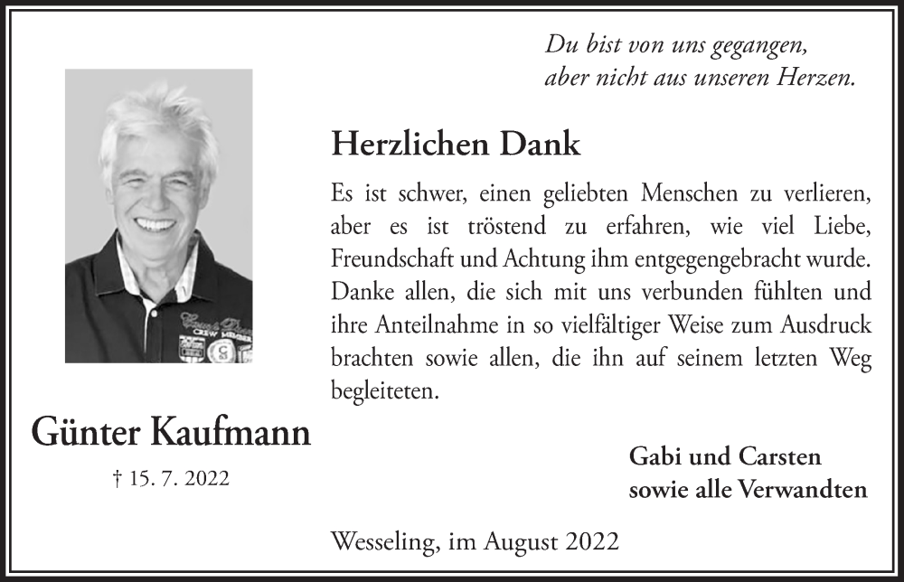 Traueranzeige für Günter Kaufmann vom 12.08.2022 aus  Schlossbote/Werbekurier 