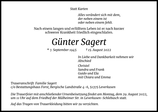 Anzeige von Günter Sagert von Kölner Stadt-Anzeiger / Kölnische Rundschau / Express