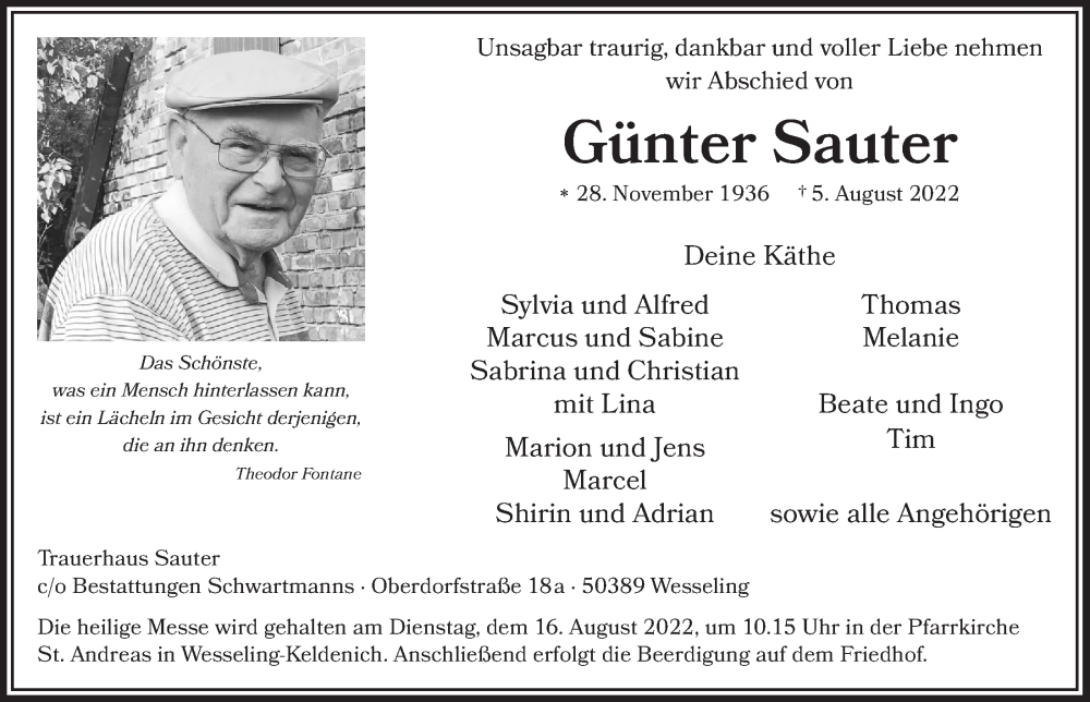  Traueranzeige für Günter Sauter vom 12.08.2022 aus  Schlossbote/Werbekurier 