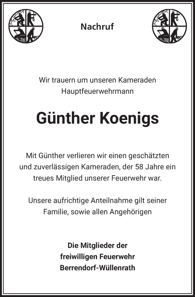  Traueranzeige für Günther Koenigs vom 19.08.2022 aus  Werbepost 